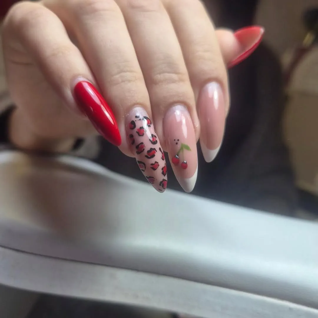 Gari mandeļveida nagi – sarkans, leoparda raksts un franču gals
